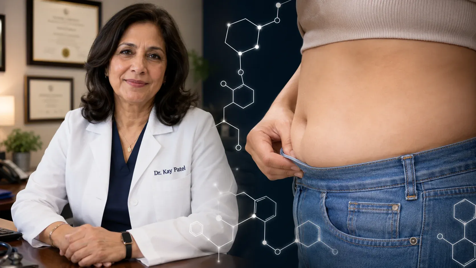 Dr. Kay Patel in her office, with a molecular diagram overlaid on a woman's midsection