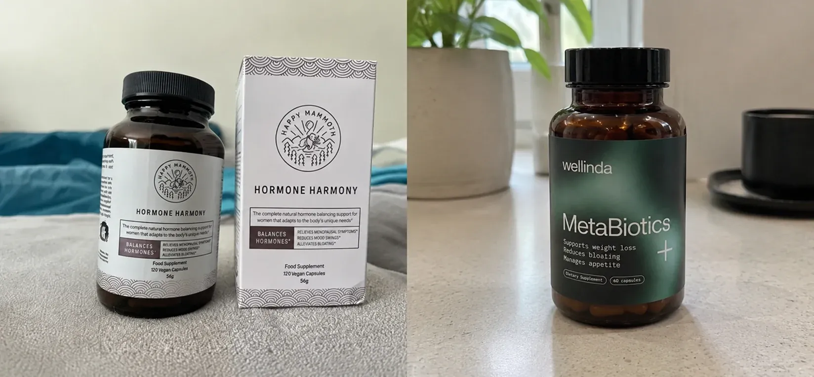 Happy Mammoth Hormone Harmony and Wellinda MetaBiotics+ bottles side by side on a counter for comparison