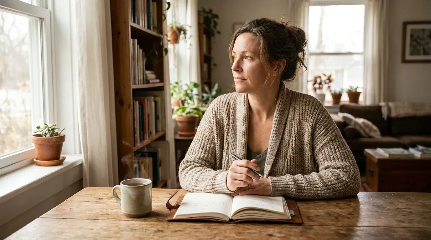 Woman in her 40s looking thoughtfully out a window