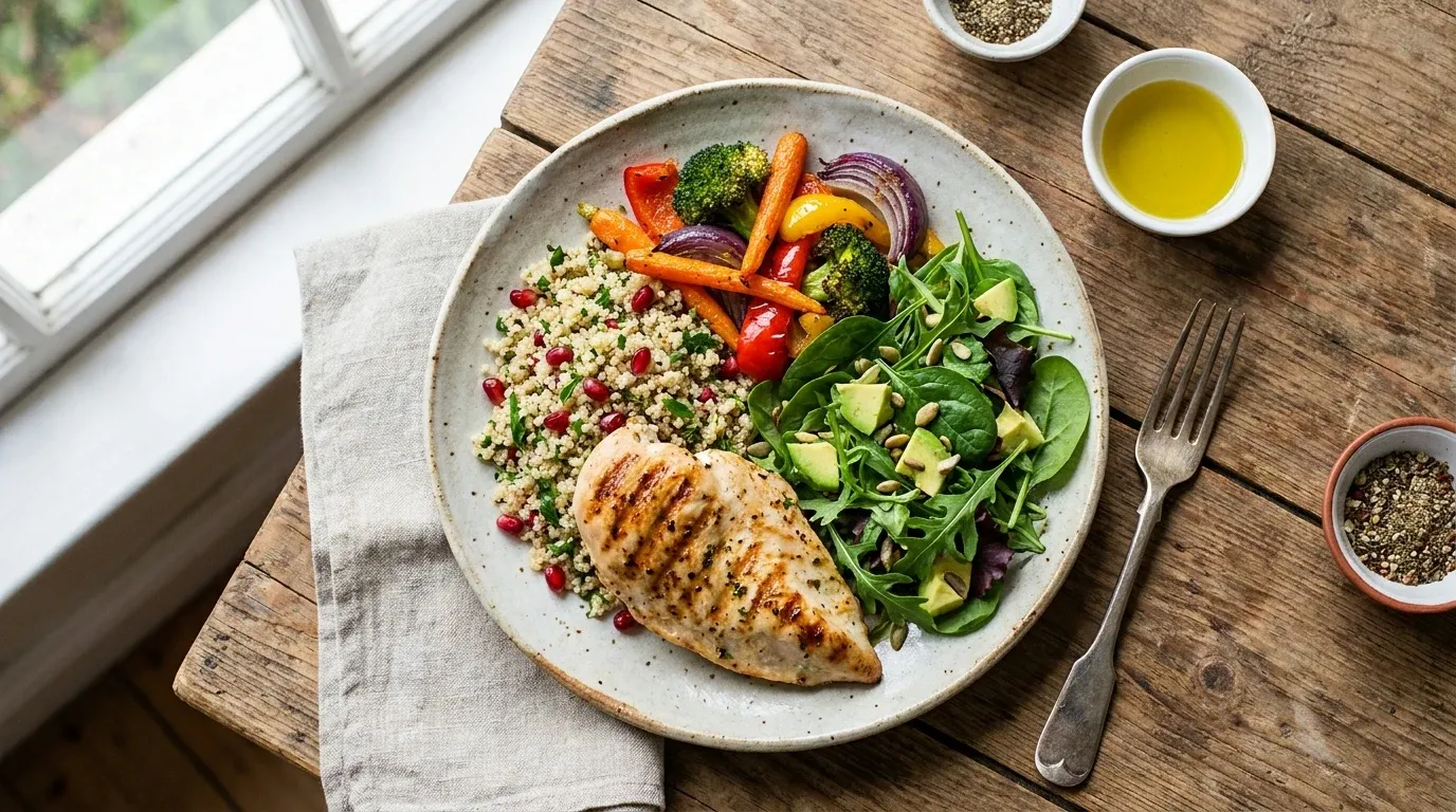 Plate with grilled chicken, vegetables and quinoa