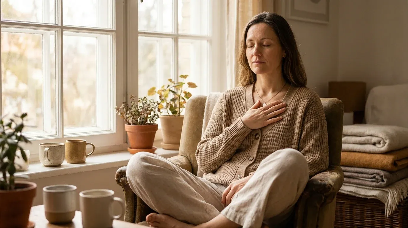 Woman sitting calmly with eyes closed, practicing a breathing exercise
